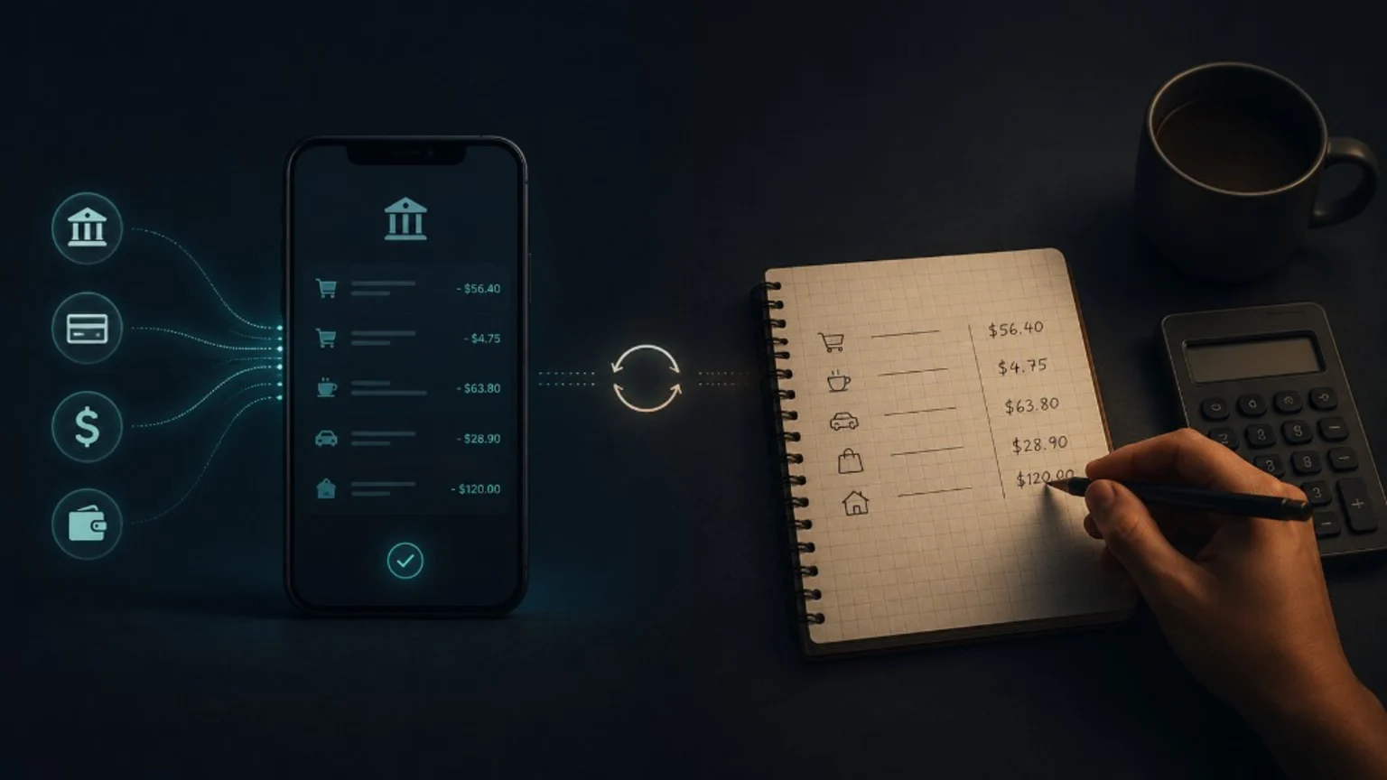 A budgeting app beside a handwritten spending review, illustrating automatic bank sync and mindful budgeting