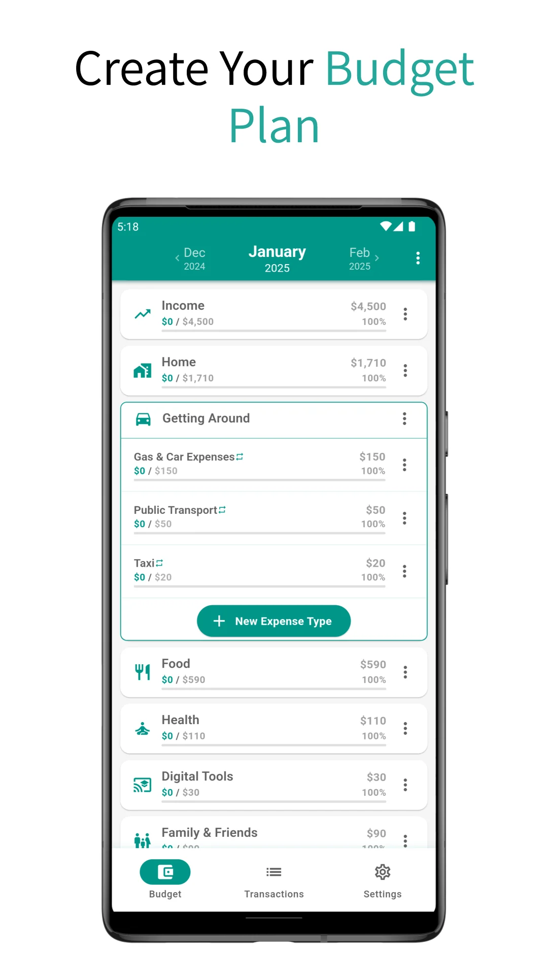 Early Budgetum budget planning screen shown in an Android store screenshot