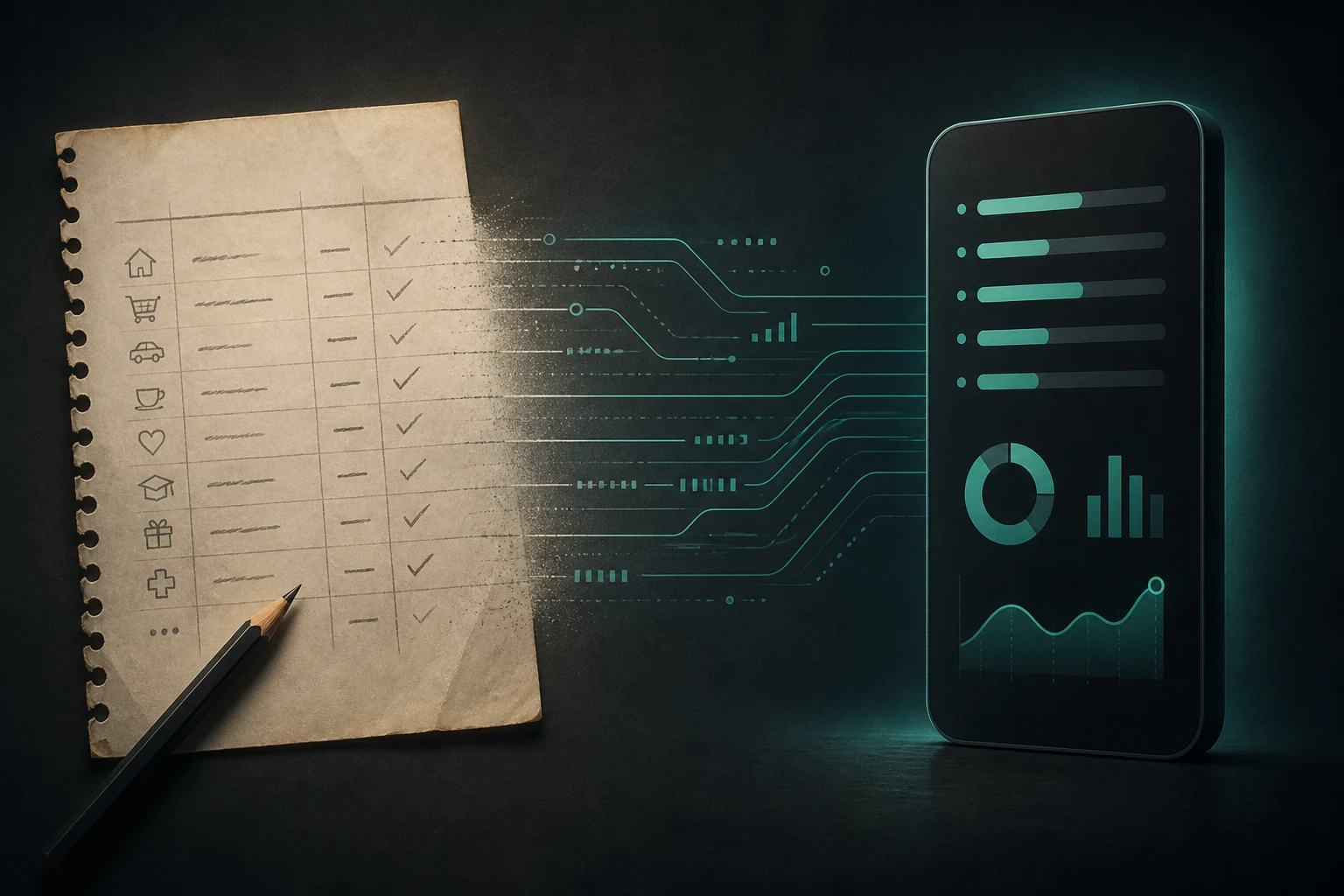 Illustration of a handwritten paper budget transforming into the Budgetum app