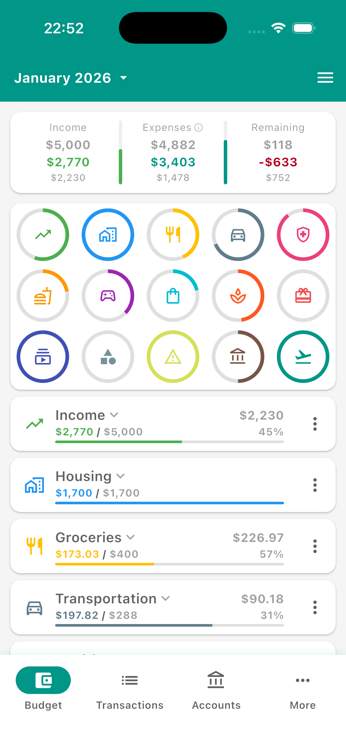 Budgetum personal finance app screen in mid-month