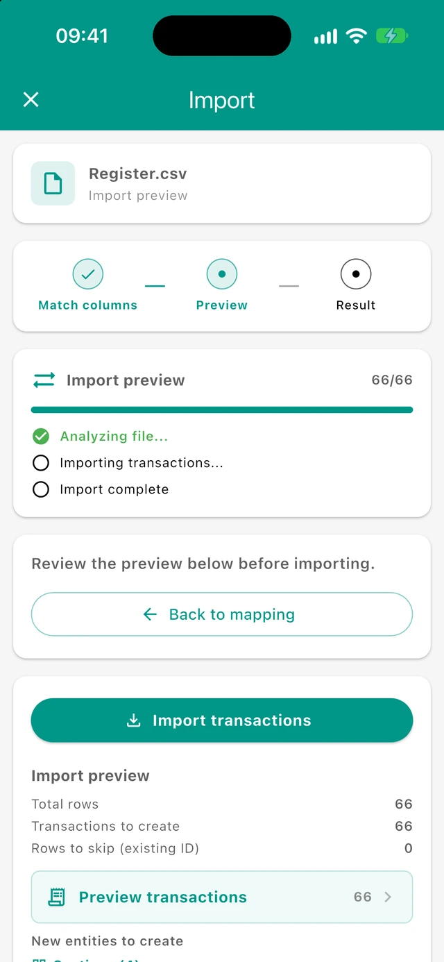 Budgetum CSV import preview showing mapped columns and the transactions that will be imported