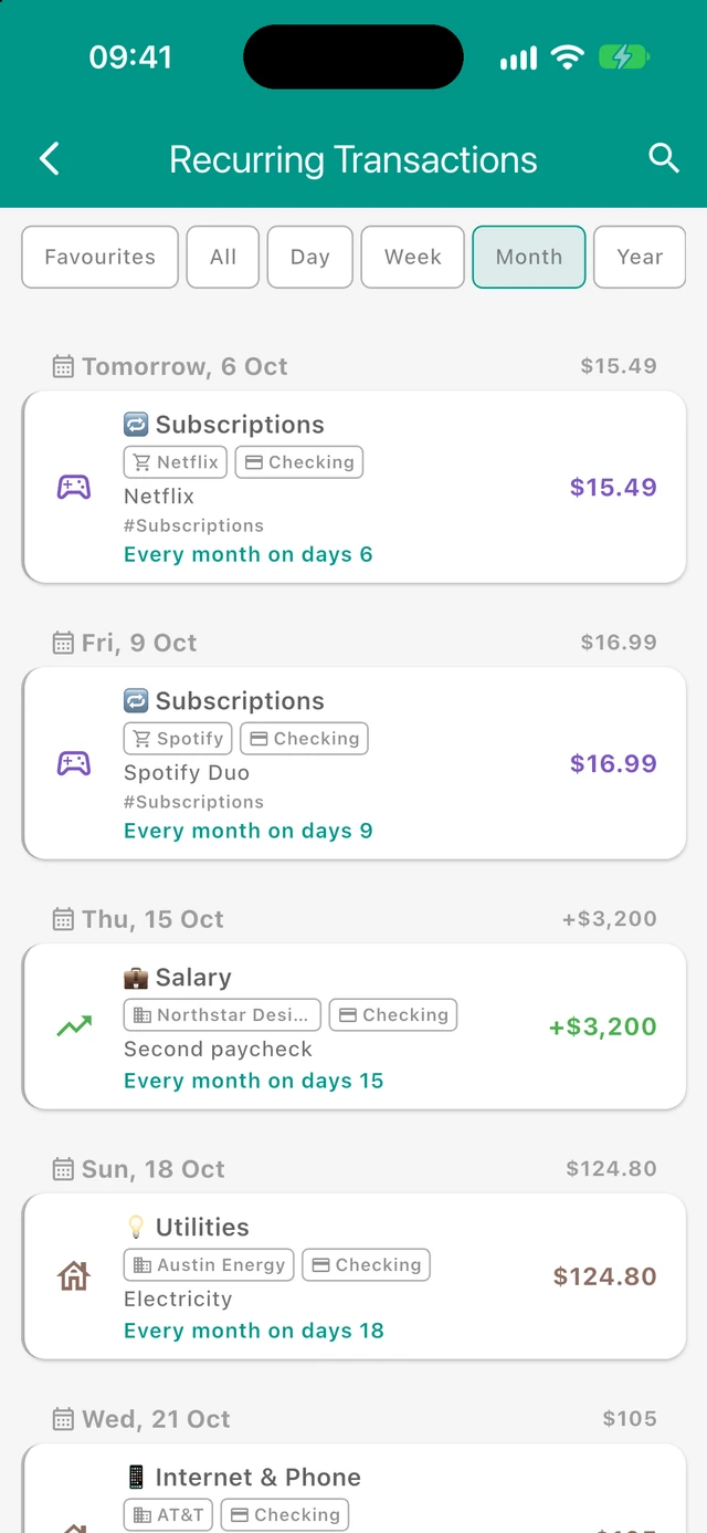 Budgetum Recurring Transactions screen listing scheduled bills, subscriptions, and income